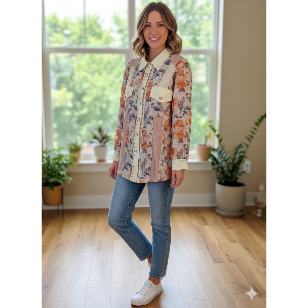 POL Mixed Media Floral Studded Button Down Shirt Orange Blue Pink Womens M